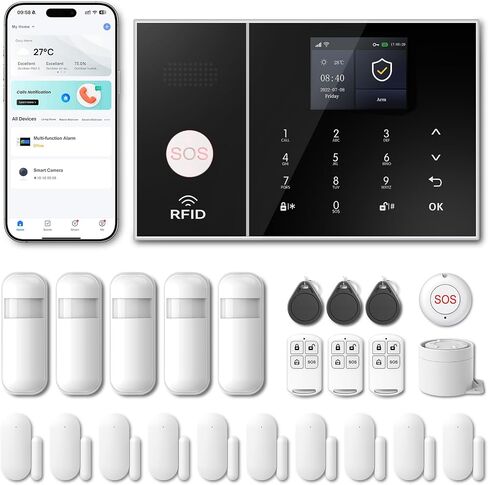 نظام إنذار الأمان 99+3 Zone Auto Dial WiFi+GSM/4G Home Brglar Security Wireless GSM Alarm System Convect Sensor Trotect Remote ، تطبيق Smart Life Tuya ، لا توجد رسوم شهرية in Kuwait