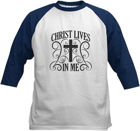 Cafepress Christ في Me Black Typography Cross with Dwirls Baseball Jersey Kids Cotton Jersey ، 3/4 Raglan Sleeve Shirt in Saudi Arabia
