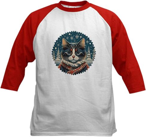 Cafepress Christmas Cat ، Cat Winter Baseball Jersey Kids Cotton Baseball Jersey ، 3/4 Raglan Sleeve Shirt in Saudi Arabia