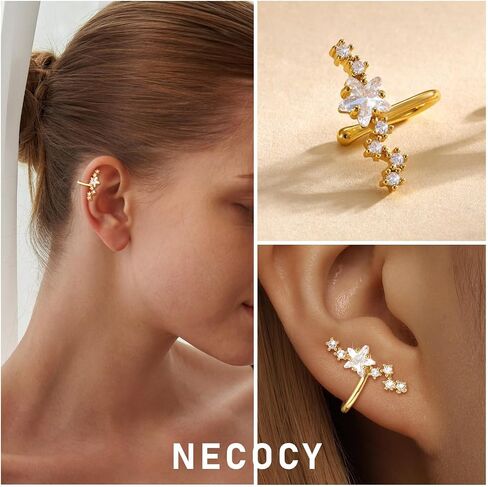 NECOCY Star 14K Gold Plated Ear Cuff Earrings for Women Non Piercing, Dainty Silver Plated Clip on Cartilage Ear Cuff Non Pierced Trendy CZ Northstar Starburst Sparkling Climber Clawer Earring Jewelry in Kuwait