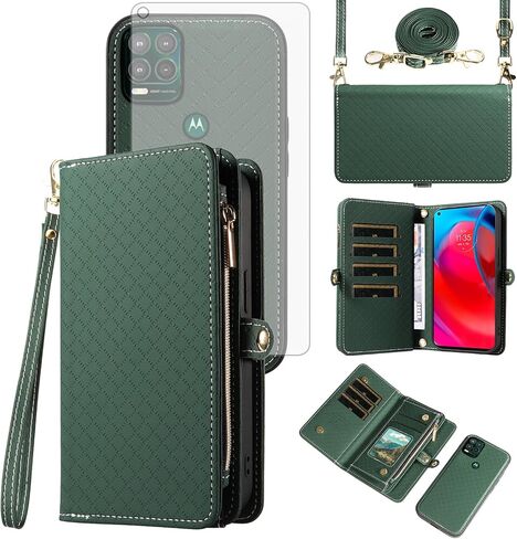 Asuwish Phone Case for Moto G Stylus 5G 2021 Zipper Wallet Detachable Cell Cover with Tempered Glass Screen Protector Crossbody Lanyard Strap Flip Card Holder Motorola GStylus G5 XT2131DL Women Brown in Saudi Arabia