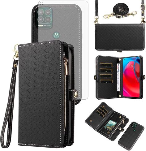 Asuwish Phone Case for Moto G Stylus 5G 2021 Zipper Wallet Detachable Cell Cover with Tempered Glass Screen Protector Crossbody Lanyard Strap Flip Card Holder Motorola GStylus G5 XT2131DL Women Brown in Saudi Arabia