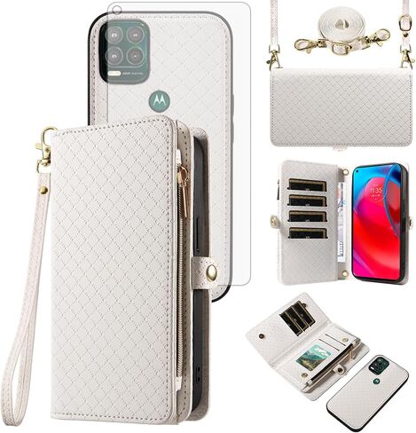 Asuwish Phone Case for Moto G Stylus 5G 2021 Zipper Wallet Detachable Cell Cover with Tempered Glass Screen Protector Crossbody Lanyard Strap Flip Card Holder Motorola GStylus G5 XT2131DL Women Brown in Saudi Arabia