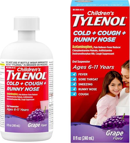 Tylenol الأطفال الباردة + السعال + سيلان الأنف، أسيتامينوفين، تخفيف الألم والحمى، كلورفينيرامين ماليات، مضادات الهيستامين، ديكستروميثورفان HBr، مثبط السعال؛ سائل العنب، 8 فلوريدا. أوقية in Kuwait