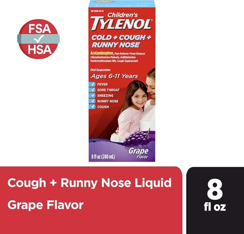 Tylenol الأطفال الباردة + السعال + سيلان الأنف، أسيتامينوفين، تخفيف الألم والحمى، كلورفينيرامين ماليات، مضادات الهيستامين، ديكستروميثورفان HBr، مثبط السعال؛ سائل العنب، 8 فلوريدا. أوقية in Kuwait