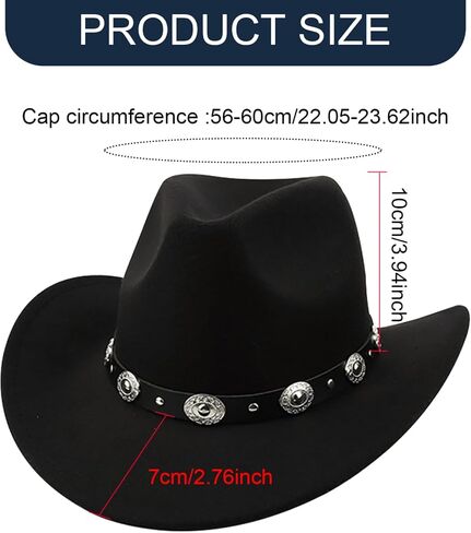 Cowboy Hat, Classic Black Cowgirl Hat with Metal Buckle Belt, Western Cowboy with Adjustable Strap and Sweatband, Portable Hats for Women Ladies in Saudi Arabia
