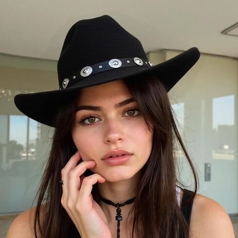 Cowboy Hat, Classic Black Cowgirl Hat with Metal Buckle Belt, Western Cowboy with Adjustable Strap and Sweatband, Portable Hats for Women Ladies in Saudi Arabia