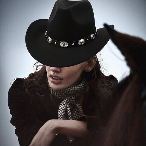Cowboy Hat, Classic Black Cowgirl Hat with Metal Buckle Belt, Western Cowboy with Adjustable Strap and Sweatband, Portable Hats for Women Ladies in Saudi Arabia