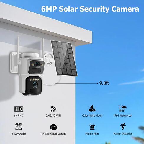 6MP كاميرا أمان شمسية لاسلكية في الهواء الطلق ، واي فاي 2.4 جيجا هرتز ، 360 درجة PTZ كاميرا العدسة المزدوجة للأمن المنزلي مع رؤية ليلية ملونة ، تتبع السيارات ، الكشف البشري ، SPOTLIGHT SEREN in Saudi Arabia