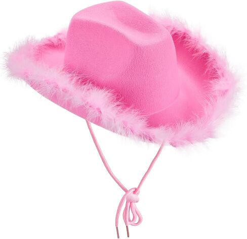 Women Furry Trim Cowgirl Hat Western Retro Wide Brim Pink Rave Cowboy Hat Party Felt Hat Feather Cap in Saudi Arabia