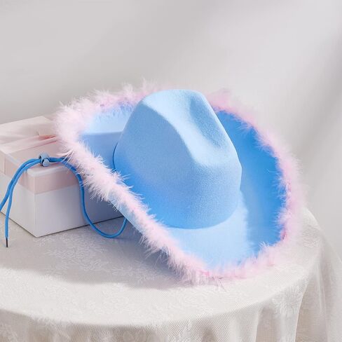 Women Furry Trim Cowgirl Hat Western Retro Wide Brim Pink Rave Cowboy Hat Party Felt Hat Feather Cap in Saudi Arabia