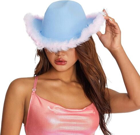 Women Furry Trim Cowgirl Hat Western Retro Wide Brim Pink Rave Cowboy Hat Party Felt Hat Feather Cap in Saudi Arabia