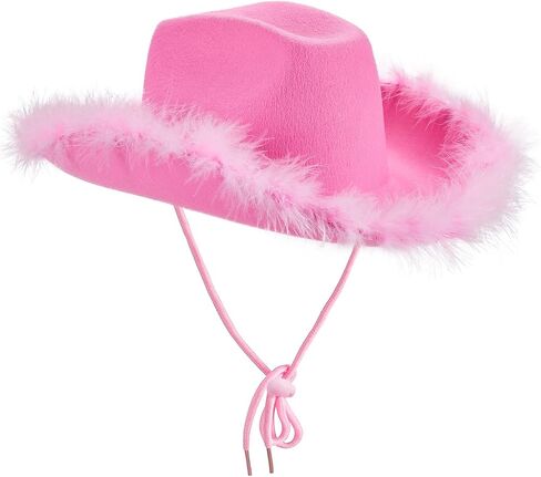 Women Furry Trim Cowgirl Hat Western Retro Wide Brim Pink Rave Cowboy Hat Party Felt Hat Feather Cap in Saudi Arabia
