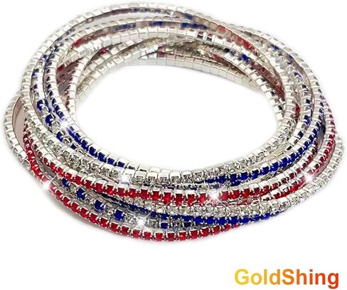 Goldshing 1 مجموعة من شرائح متعددة سوار تنس بلوري وطني ، اللون الأزرق الأبيض الأزرق ، ألوان العلم الأمريكي in Saudi Arabia