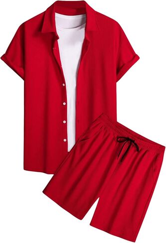 Men's 2 Piece Short Set Short Sleeve Button Down Shirts and Drawstring Track Shorts Beach Outfits in Saudi Arabia