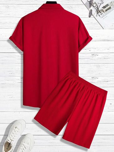 Men's 2 Piece Short Set Short Sleeve Button Down Shirts and Drawstring Track Shorts Beach Outfits in Saudi Arabia