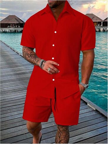Men's 2 Piece Short Set Short Sleeve Button Down Shirts and Drawstring Track Shorts Beach Outfits in Saudi Arabia