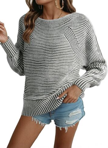 EVALESS Striped Sweaters for Women Boat Neck Batwing Sleeve Oversized Pullover Sweater Tops Womens Fall Clothes Outfits in Saudi Arabia