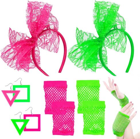 6 PCS 80S Accessories for Women Costume Lace Beadbled Neon Errings Fishnet Gloves 80 s for for 80s Retro Parter Halloween in Kuwait