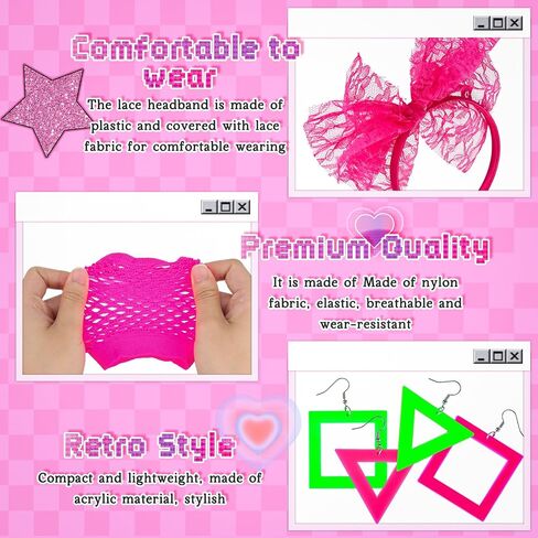 6 PCS 80S Accessories for Women Costume Lace Beadbled Neon Errings Fishnet Gloves 80 s for for 80s Retro Parter Halloween in Kuwait