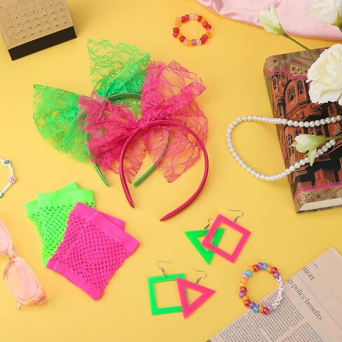 6 PCS 80S Accessories for Women Costume Lace Beadbled Neon Errings Fishnet Gloves 80 s for for 80s Retro Parter Halloween in Kuwait