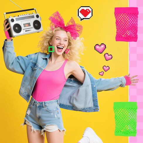 6 PCS 80S Accessories for Women Costume Lace Beadbled Neon Errings Fishnet Gloves 80 s for for 80s Retro Parter Halloween in Kuwait