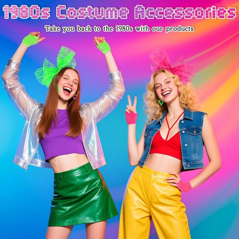 6 PCS 80S Accessories for Women Costume Lace Beadbled Neon Errings Fishnet Gloves 80 s for for 80s Retro Parter Halloween in Kuwait