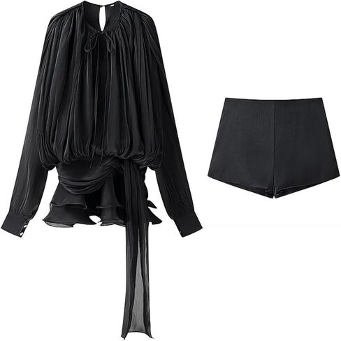 Unybwonn Elegant Ruffle Mini Dress Pleated Long Sleeve Lace up Short Dress Tie Waist Cocktail Mini Dresses with Shorts in Saudi Arabia
