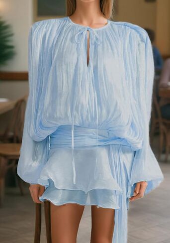 Unybwonn Elegant Ruffle Mini Dress Pleated Long Sleeve Lace up Short Dress Tie Waist Cocktail Mini Dresses with Shorts in Saudi Arabia