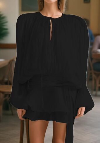 Unybwonn Elegant Ruffle Mini Dress Pleated Long Sleeve Lace up Short Dress Tie Waist Cocktail Mini Dresses with Shorts in Saudi Arabia