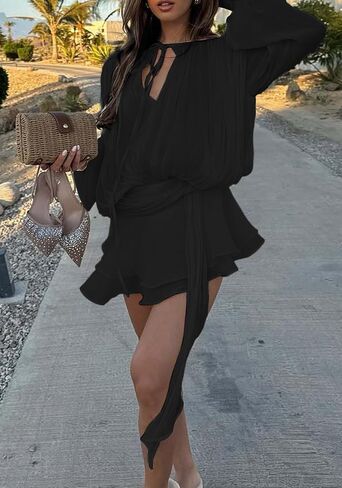 Unybwonn Elegant Ruffle Mini Dress Pleated Long Sleeve Lace up Short Dress Tie Waist Cocktail Mini Dresses with Shorts in Saudi Arabia