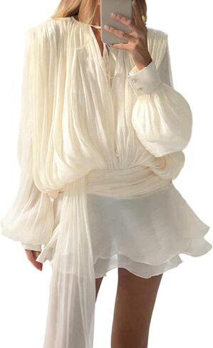 Unybwonn Elegant Ruffle Mini Dress Pleated Long Sleeve Lace up Short Dress Tie Waist Cocktail Mini Dresses with Shorts in Saudi Arabia