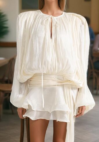 Unybwonn Elegant Ruffle Mini Dress Pleated Long Sleeve Lace up Short Dress Tie Waist Cocktail Mini Dresses with Shorts in Saudi Arabia