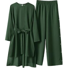 OLEMEK Abayas For Women Muslim 2 Pcs Sets Long Sleeve Round Neck Top Dress and Pants Dubai Islamic Muslim Clothes