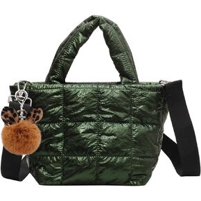 Puffer Tote Bag with Pendant Quilted Shoulder Bags for Women Lightweight Handbag Puffy Cross Body Bags