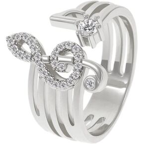 Musical Note Cubic Zirconia Open Rings Dainty Staff Treble Clef Statement 18K Gold Plated for Women Girls Boys Engagement Wedding Adjustable Extendable Knuckle Middle Finger Band Birthstone Crystal Jewelry Gifts for Music Enthusiast Bff Sister