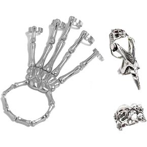 Skeleton Hand Bracelet Finger Knuckle Rings Set for Women Skull Punk Wristband with Punk Finger Skeleton Ring Hallowmas Gifts Jewelry (Silver Set)