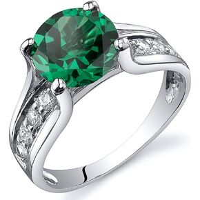 PEORA Simulated Emerald Cathedral Ring in Sterling Silver, Solitaire Round Shape, 8mm, 1.75 Carats total, Comfort Fit Sizes 5 to 9