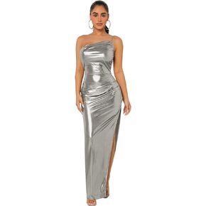 Floerns Women's One Shoulder Sleeveless Ruched Slit Hem Metallic Bodycon Long Dress