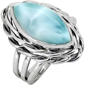 YoTreasure 9x18 mm Natural Larimar 925 Sterling Silver Croissant Braided Twisted Ring
