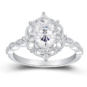 Vintage Floral Setting Ring - 1.50 Carat Brilliant Oval Cut Created Moissanite Ring - 925 Sterling Silver Moissanite Accents Ring - Milgrain Classic Design Ring - Handcrafted Women Ring