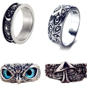 4 Pcs Owl Eye Ring/Evil Eye Ring/Mushroom Star Flower Mystic Ring/Moon Star Sun Statement Rings Cute Animal Open Rings Pack for Men Women