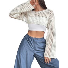 Verdusa Women's Hollow Out Knit Drop Shoulder Crop Sweater Pullover Top