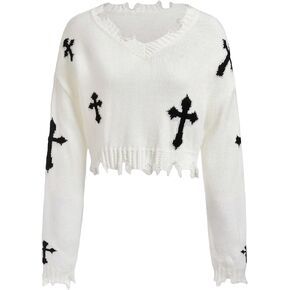 Floerns Women's Graphic Print Long Sleeve Distressed Trim V Neck Sweaters Crop Top