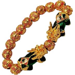 Feng Shui Pixiu 12mm Golden Hand Carved Mantra Bead Bracelet Copper Coins Bead Lucky Wealthy Amulet Brecelet