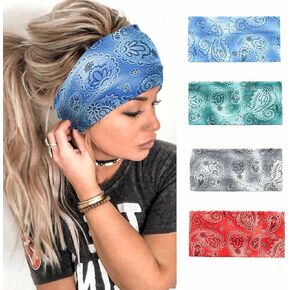 Urieo Boho Headbands Stretch Paisley Print Bandana Headband Criss Cross Hair Bands Knotted Head Wrap Yoga Daily for Women and Girls (Pack of 4) (A)