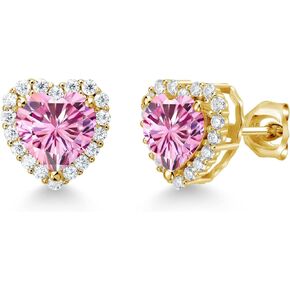 Gem Stone King 18K Yellow Gold Plated Silver Pink and White Moissanite Heart Shape Stud Earrings For Women (2.57 Cttw, Heart 6.5MM)