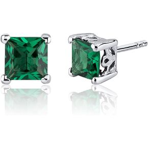Peora Simulated Emerald Stud Earrings 925 Sterling Silver, Solitaire Scroll Gallery, 2 Carats Total Princess Cut 6mm, Friction Back