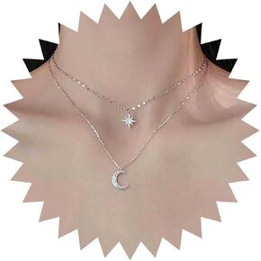 Andelaisi Boho Layered Star Moon Choker Necklace Vintage CZ Moon Pendant Necklace Moon Starburst Necklace Silver Crescent North Star Necklace Jewelry for Women and Girls