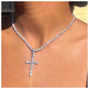 Iaceble Sparkly Rhinestone Choker Necklace Crystal Cross Pendant Necklace Silver Tennis Chain Necklace Cz Cross Necklace Choker Jewelry for Women and Girls